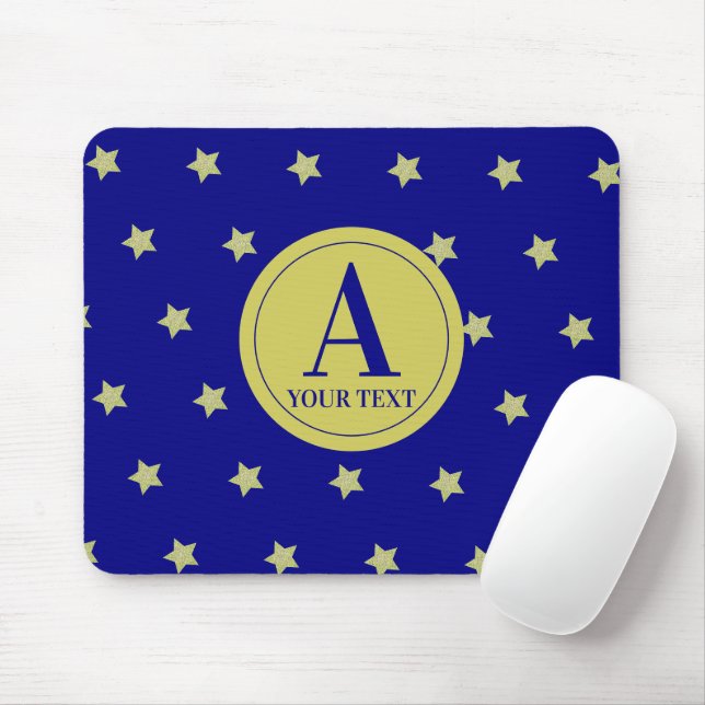 Elegantes Gold- und Blau-Sternmuster-Monogramm Mousepad (Mit Mouse)