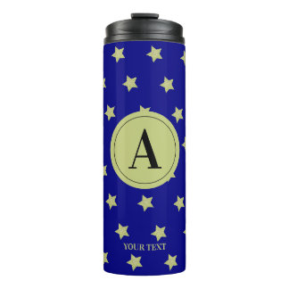 Elegantes Gold- und Blauster-Muster-Monogramm Thermosbecher