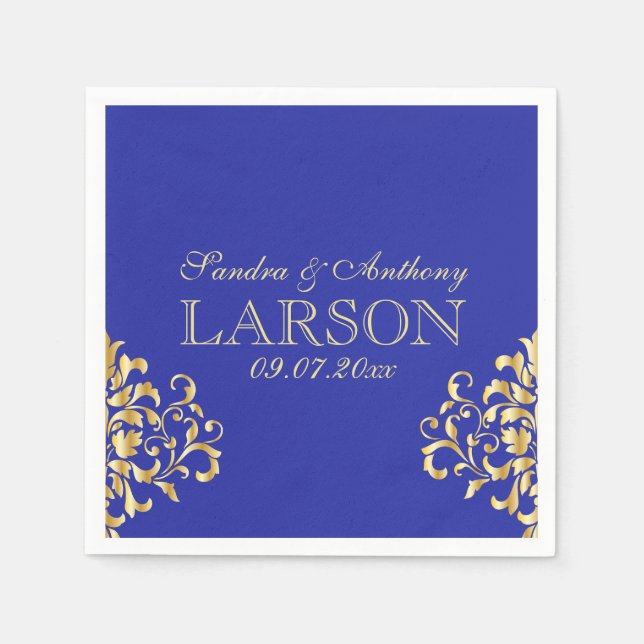 Elegantes Gold und Blue Damask Hochzeit von Napkin Serviette (Vorderseite)