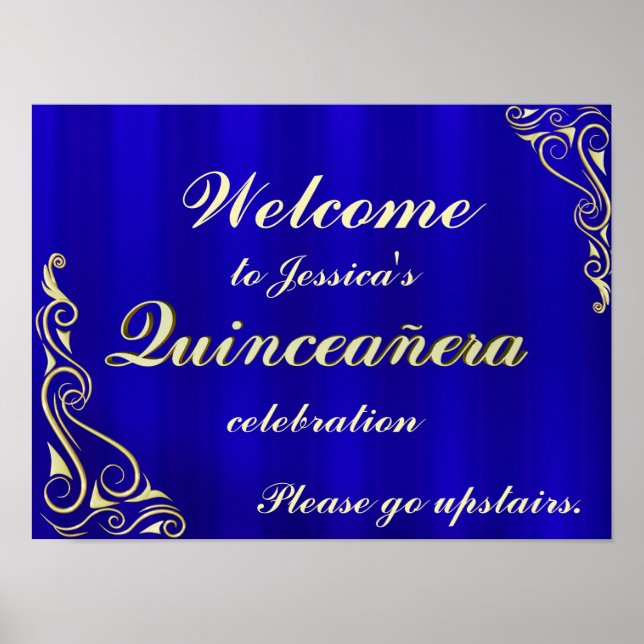 Elegantes Gold und Blue Quinceanera Begrüßungszeic Poster (Vorne)