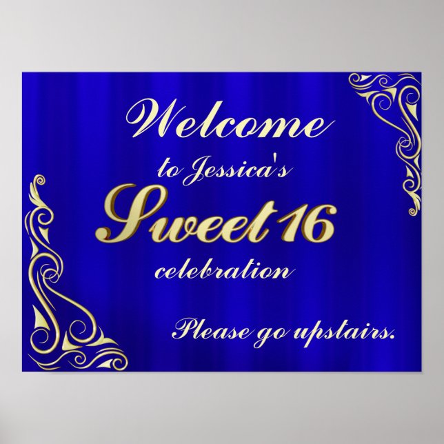 Elegantes Gold und Blue Sweet 16 Begrüßungszeichen Poster (Vorne)