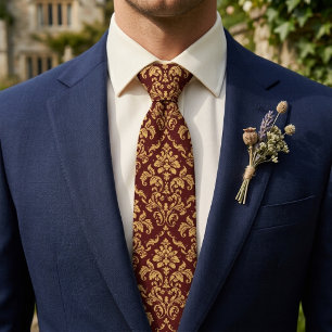 Elegantes Gold- und Burgunder-Damaskusmuster Krawatte