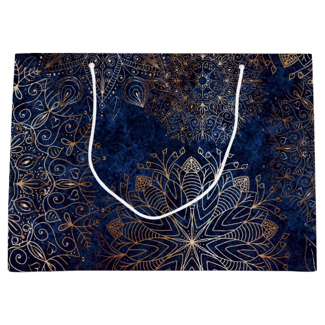 Elegantes Gold- und Dark Blue Floral Mandala Muste Große Geschenktüte (Vorderseite)