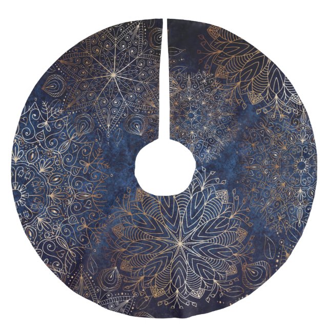 Elegantes Gold- und Dark Blue Floral Mandala Muste Polyester Weihnachtsbaumdecke (Vorderseite)