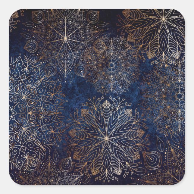 Elegantes Gold- und Dark Blue Floral Mandala Muste Quadratischer Aufkleber (Vorderseite)