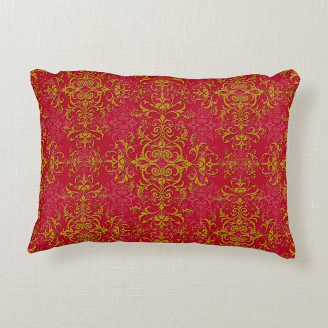 Elegantes Gold- und Deep Pink-Floral Damask Muster Zierkissen (Rückseite)