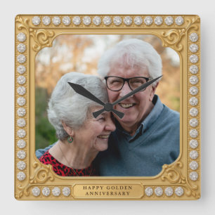 Elegantes Gold- und Diamant-Jubiläumsfoto zum 50. Quadratische Wanduhr