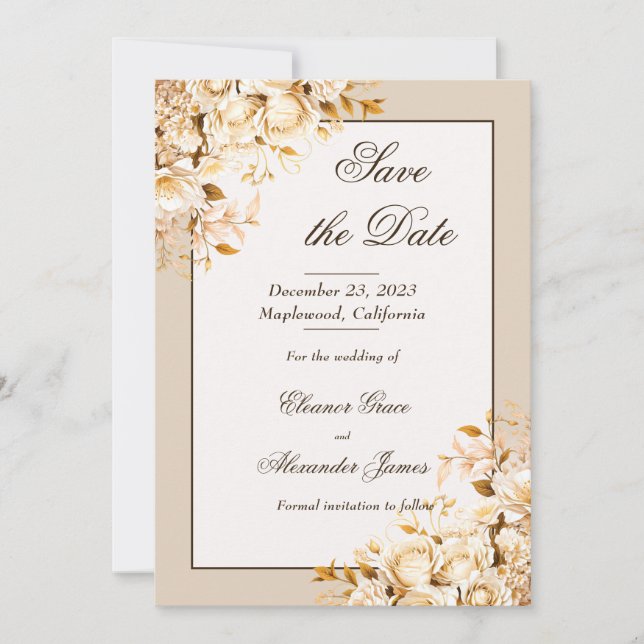 Elegantes Gold und Elfenbeinflorale Save the Date Einladung (Vorderseite)
