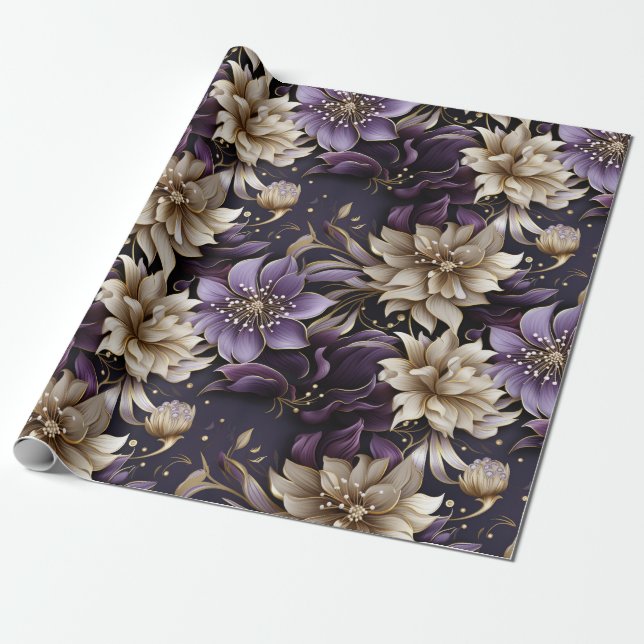 Elegantes Gold und Lila botanisches Blumenfestival Geschenkpapier (Ungerollt)
