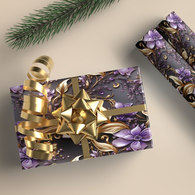 Elegantes Gold und Lila botanisches Blumenfestival Geschenkpapier (Element gold and purple floral wrapping paper)