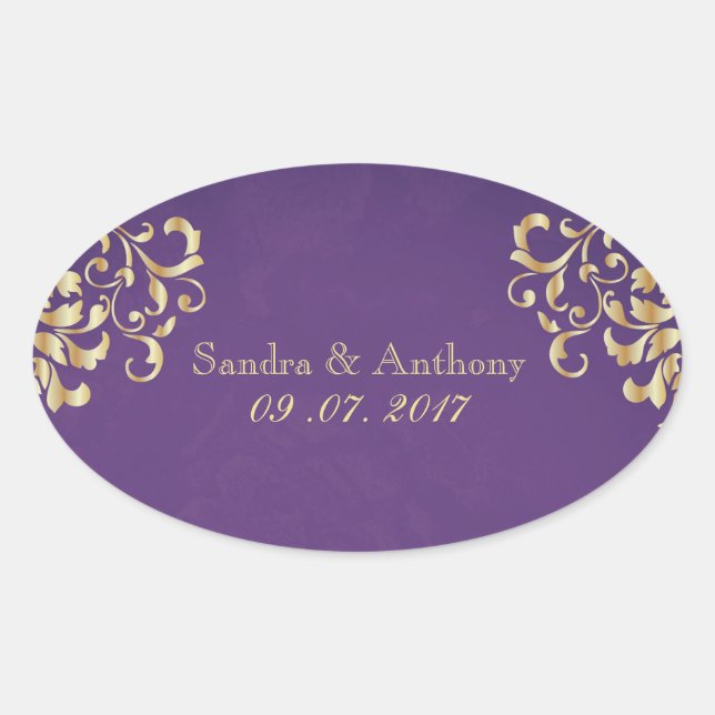 Elegantes Gold und Lila Damaskus-Hochzeitsticker Ovaler Aufkleber (Vorderseite)