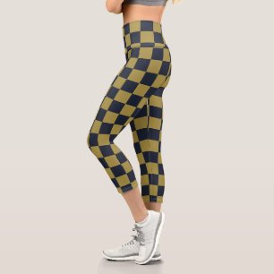 Elegantes Gold- und Navy-Blue-Checkered-Muster Capri Leggings