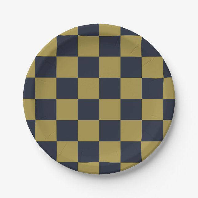 Elegantes Gold- und Navy-Blue-Checkered-Muster Pappteller (Vorderseite)