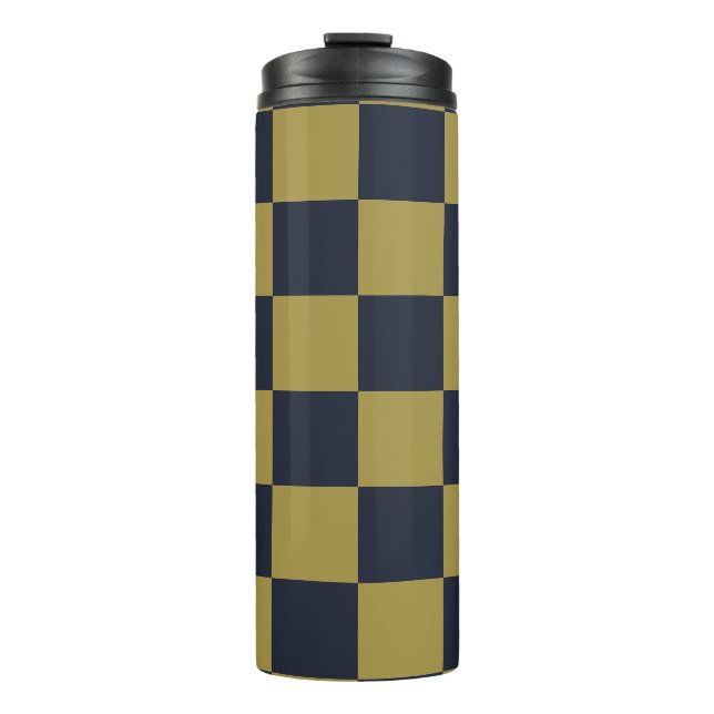 Elegantes Gold- und Navy-Blue-Checkered-Muster Thermosbecher (Vorderseite)
