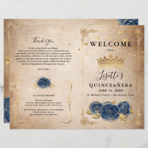 Elegantes Gold- und Navy-Blue-Quinceanera-Programm