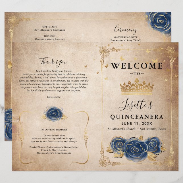 Elegantes Gold- und Navy-Blue-Quinceanera-Programm (Vorne/Hinten)