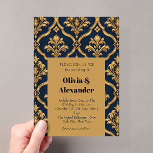 Elegantes Gold- und Navy-Damaskus-Vintage-Musterde Acryleinladungen