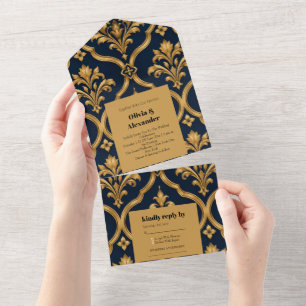 Elegantes Gold- und Navy-Damaskus-Vintage-Musterde All In One Einladung