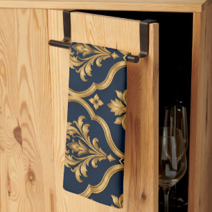 Elegantes Gold- und Navy-Damaskus-Vintage-Musterde Geschirrtuch