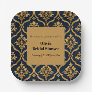 Elegantes Gold- und Navy-Damaskus-Vintage-Musterde Pappteller