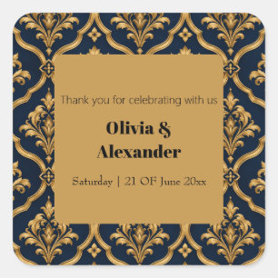 Elegantes Gold- und Navy-Damaskus-Vintage-Musterde Quadratischer Aufkleber