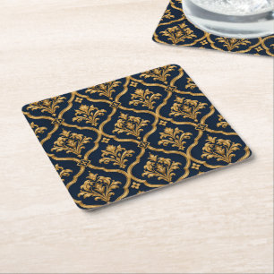Elegantes Gold- und Navy-Damaskus-Vintage-Musterde Rechteckiger Pappuntersetzer