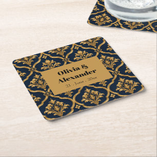 Elegantes Gold- und Navy-Damaskus-Vintage-Musterde Rechteckiger Pappuntersetzer