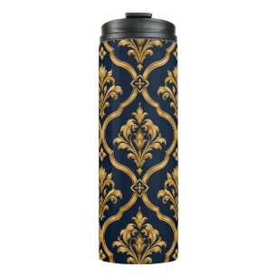 Elegantes Gold- und Navy-Damaskus-Vintage-Musterde Thermosbecher