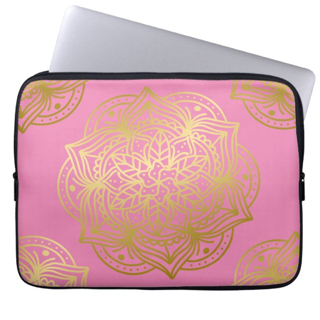 Elegantes Gold und Rosa Mandala Muster Laptopschutzhülle (Vorderseite)