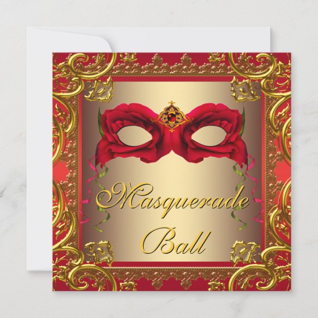 Elegantes Gold und Rote Masquerade Party Einladung (Vorderseite)