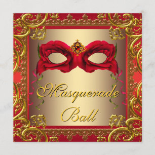 Elegantes Gold und rotes Maskerade-Party Einladung