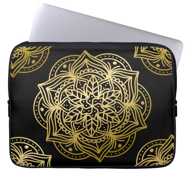 Elegantes Gold- und Schwarz-Mandala-Muster Laptopschutzhülle (Vorderseite)