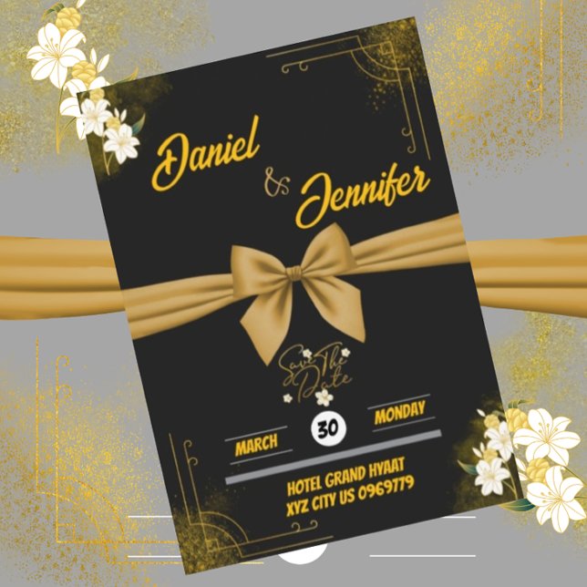 Elegantes Gold und Schwarz mit weißer Blütenhochze Save The Date (Von Creator hochgeladen)