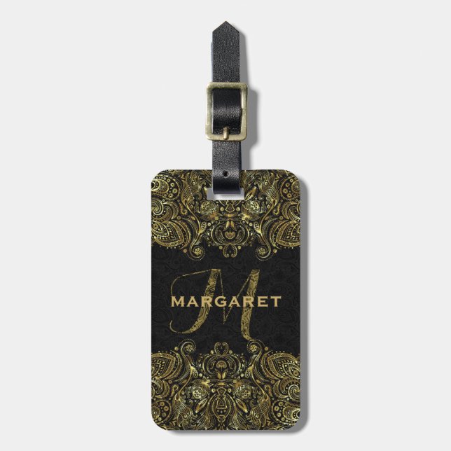 Elegantes Gold und schwarze Flora Paisley Lace Gepäckanhänger (Vorderseite vertikal)
