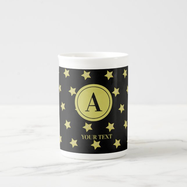 Elegantes Gold- und Schwarzes Sternmuster-Monogram Prozellantasse (Vorderseite)