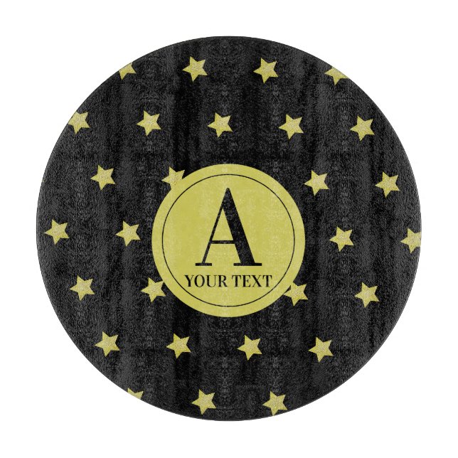 Elegantes Gold- und Schwarzes Sternmuster-Monogram Schneidebrett (Vorderseite)