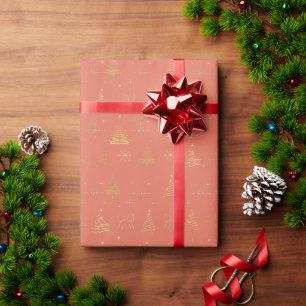 Elegantes Gold und Terracotta Weihnachtsbaum Doodl Geschenkpapier