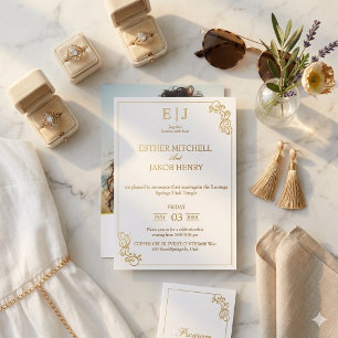 Elegantes Gold- und Weiß-Schriftzug-Hochzeitslogo Folieneinladung