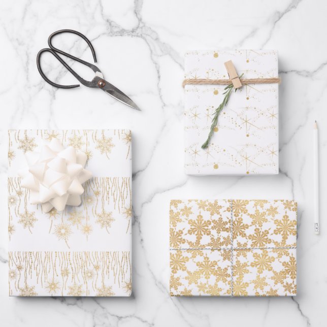 Elegantes Gold und weiße Schneeflocken Weihnachten Geschenkpapier Set (Vorderseite)