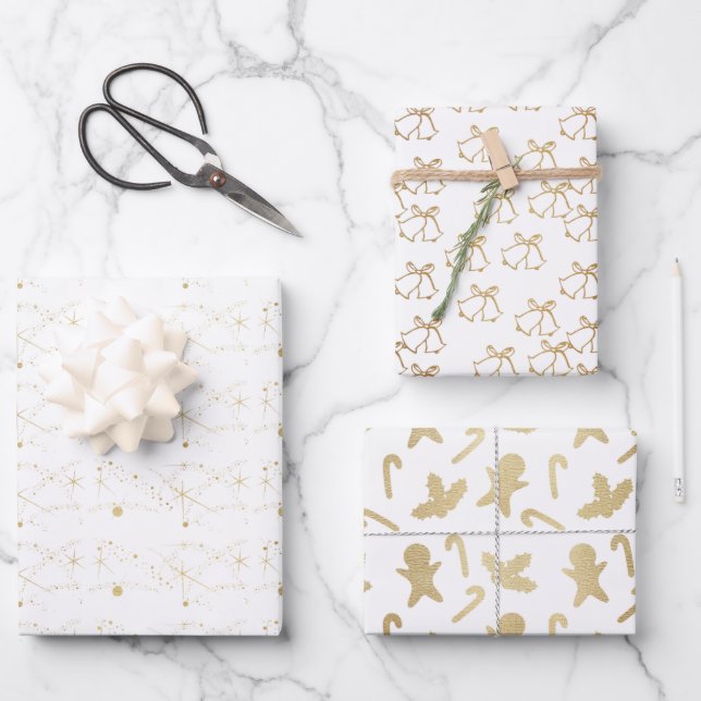 Elegantes Gold und weiße Weihnachten Geschenkpapier Set (Vorderseite)