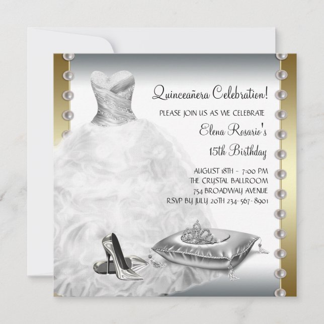 Elegantes Gold und White Quinceanera Einladung (Vorderseite)