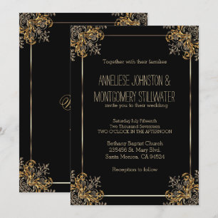 Elegantes Gold Verziertes Design auf Schwarz Einladung