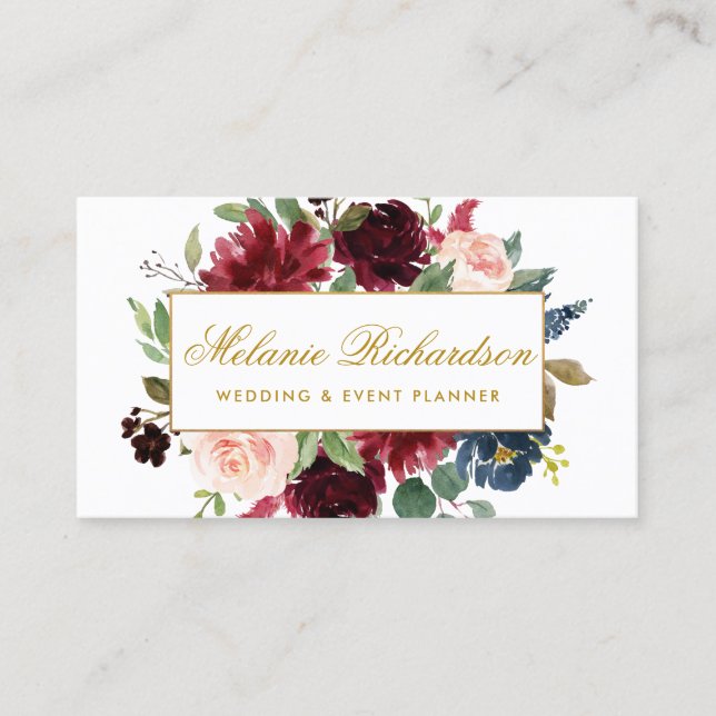 Elegantes Gold Watercolor Burgundy Blue Visitenkarte (Vorderseite)