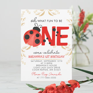 Elegantes Gold Watercolor Ladybug 1. Geburtstag Pa Einladung