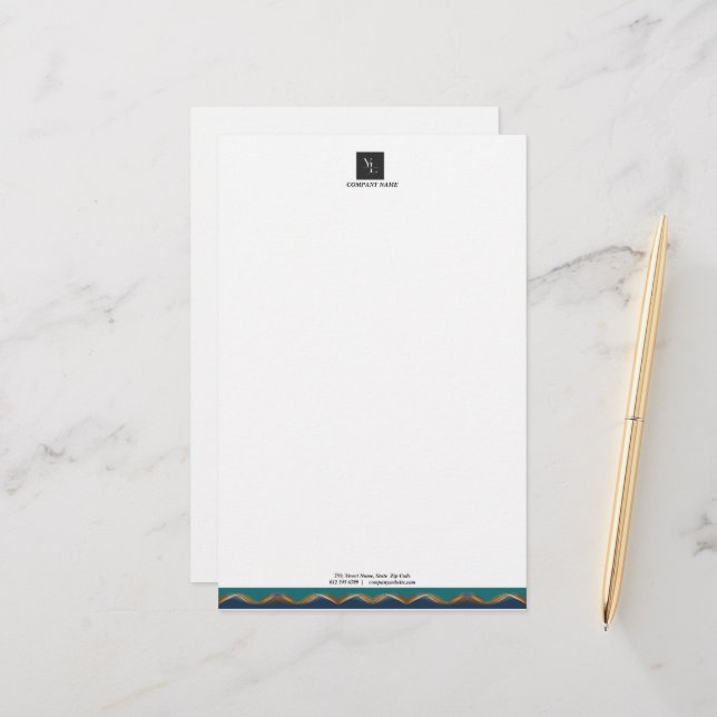Elegantes Gold Wave Blue Aquamarin Logo Business Briefpapier (Vorderseite/Rückseite Beispiel)