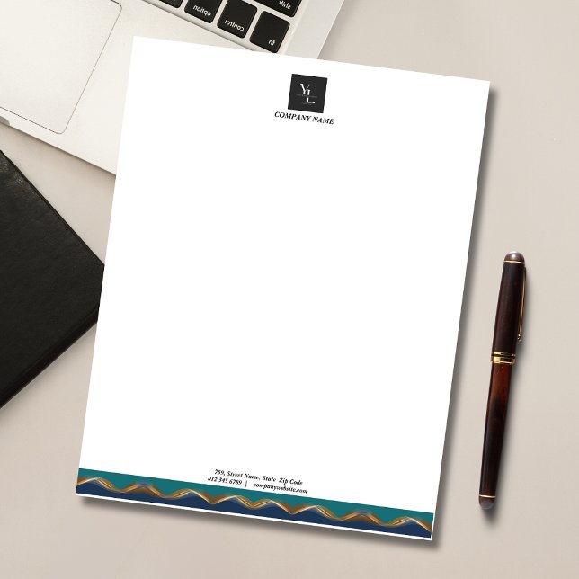 Elegantes Gold Wave Blue Aquamarin Logo Business Notizblock (Von Creator hochgeladen)