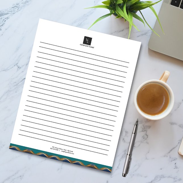 Elegantes Gold Wave Blue Aquamarin Logo Business Notizblock (Von Creator hochgeladen)