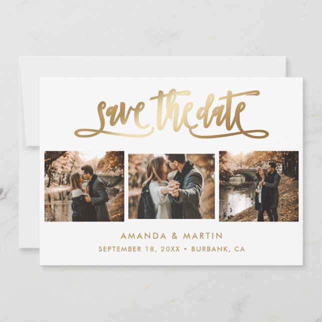 Elegantes Gold Wedding 3 Foto Save The Date (Vorderseite)