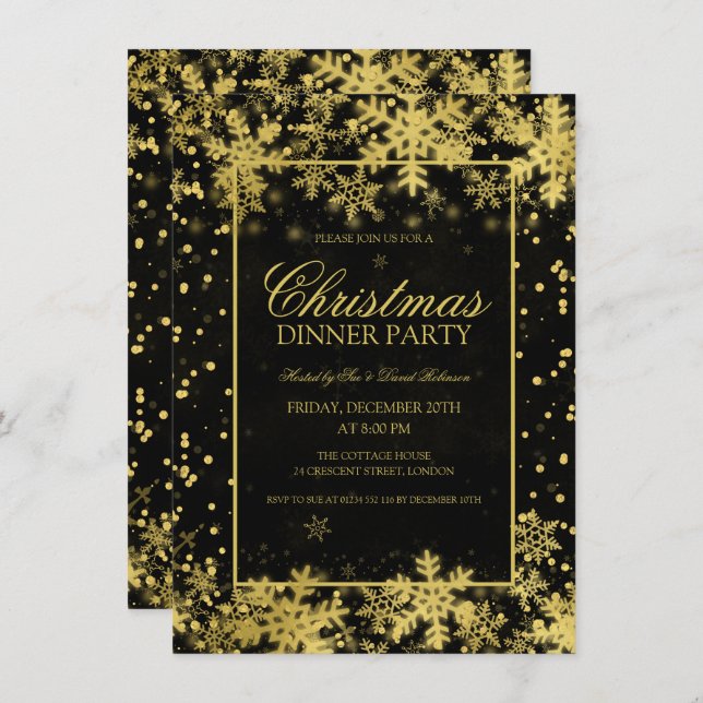 Elegantes Gold Weihnachts Party Winterschneeflocke Einladung (Vorne/Hinten)
