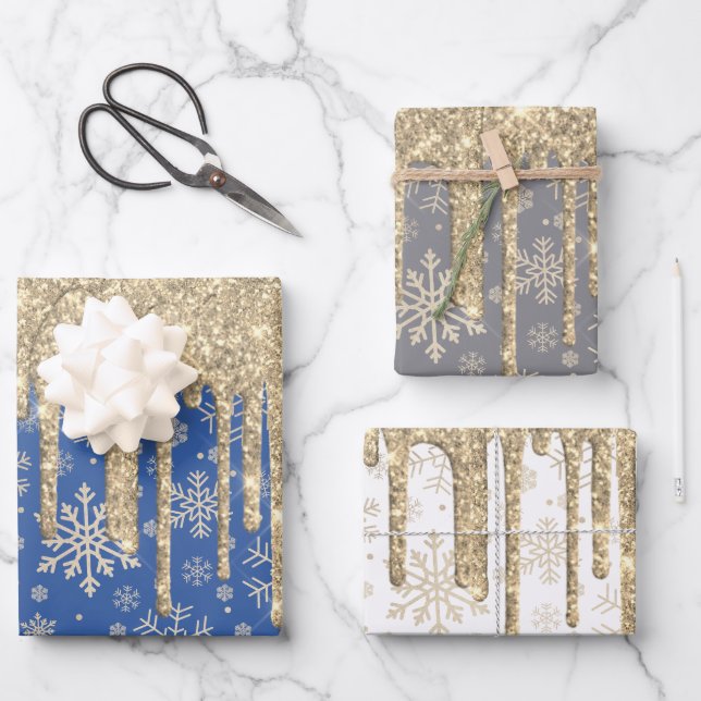 Elegantes Gold Weihnachts-Schneeflockenmuster Driv Geschenkpapier Set (Vorderseite)